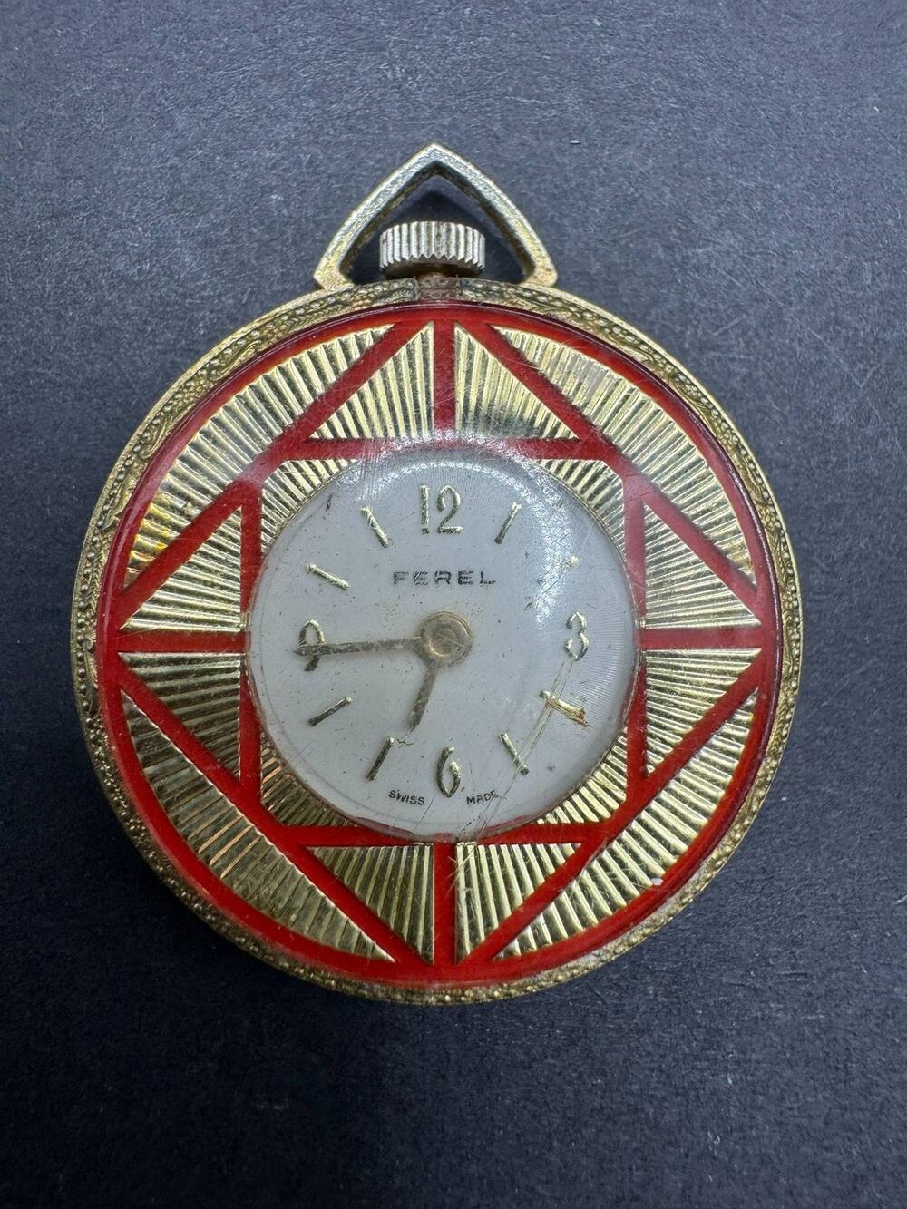 Vintage Ferel Swiss Made Gold Tone Pocket Watch Floral Etched Case Red Accent